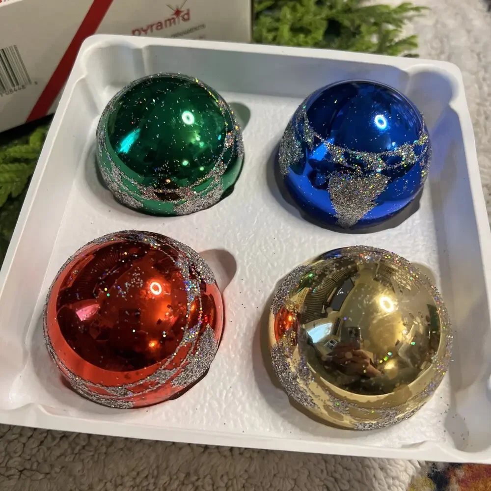 Vintage Pyramid Set of 4 Glass Ball Glitter Trees Ornaments Red Green Blue Gold